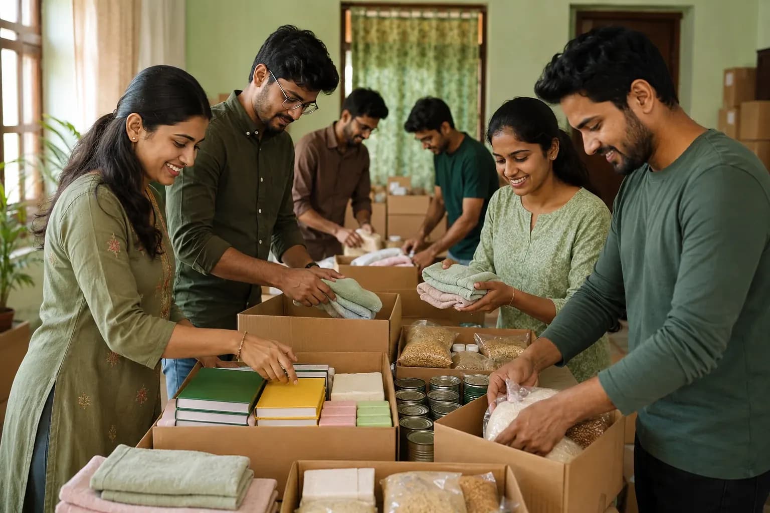 AI illustration of volunteers preparing community care kits