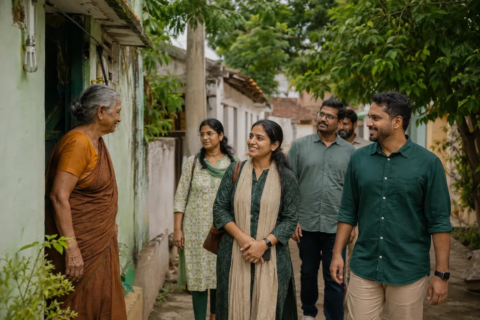AI illustration of volunteers greeting a village resident